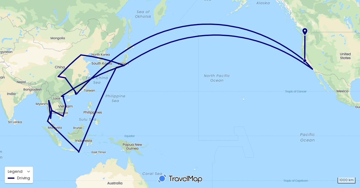 TravelMap itinerary: driving in China, Indonesia, Japan, Thailand, United States, Vietnam (Asia, North America)